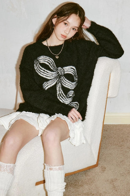 Striped Bow Faux Mink Sweater