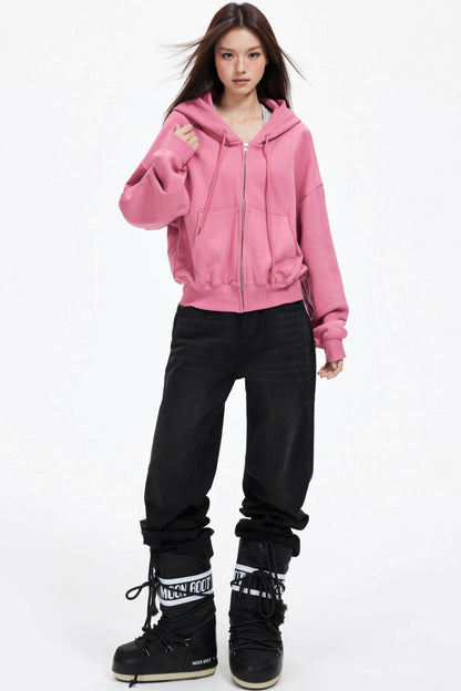 Cropped Hooded Cardigan Zip Jacket