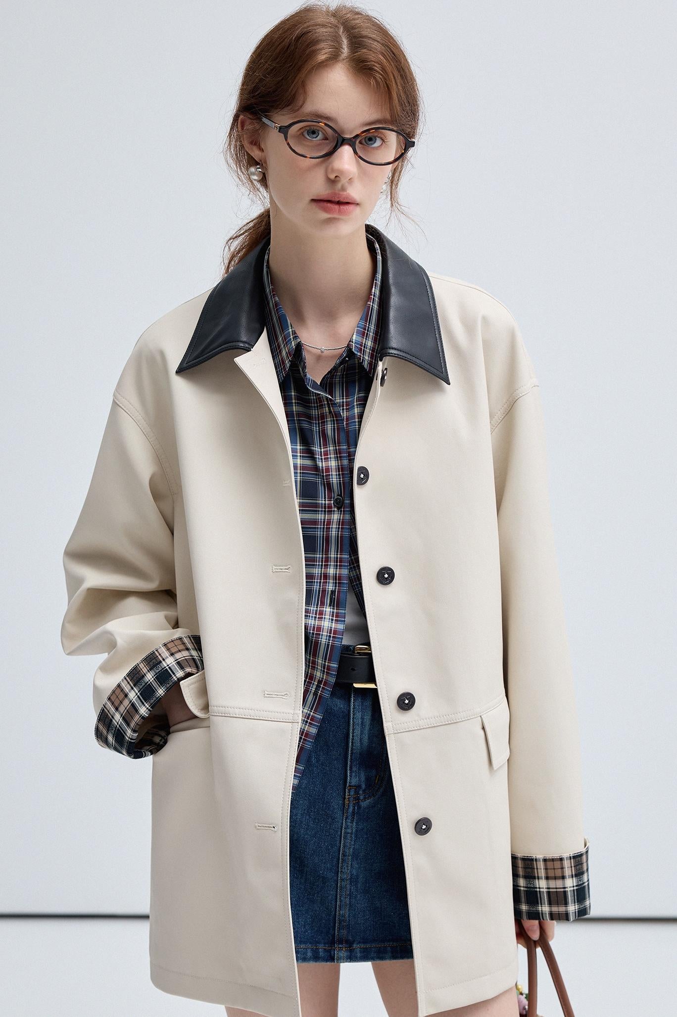 Check Contrast PU Leather Trench Coat