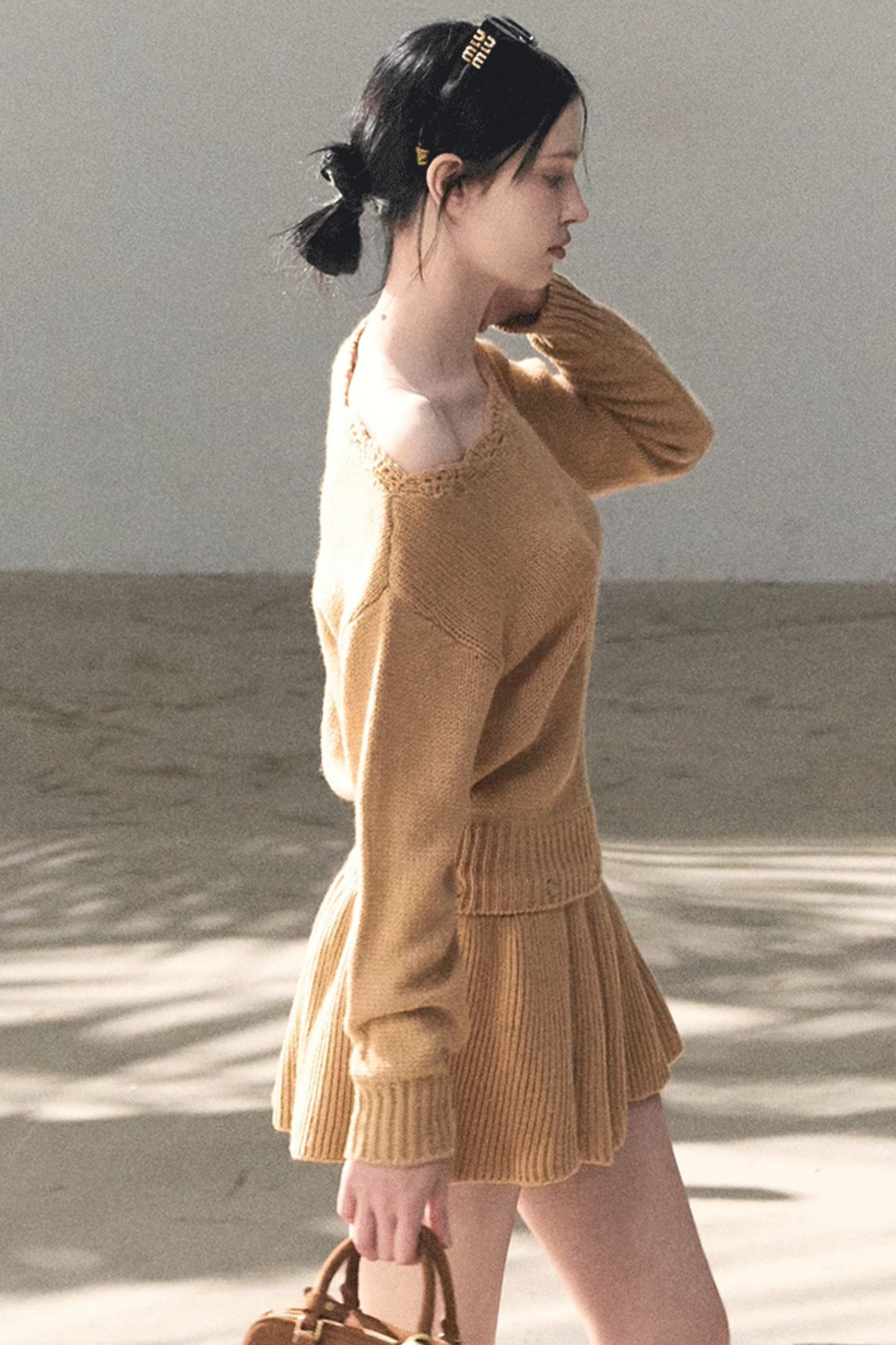 Coastal Notes Wool Off-Shoulder Dress