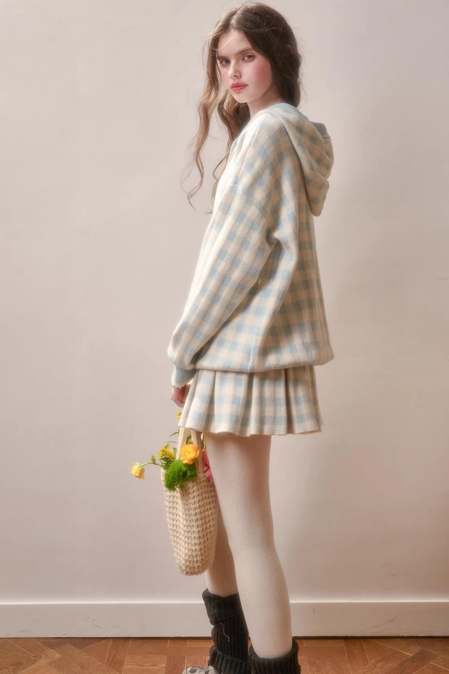 Comfortable Blue Plaid Pleated Jacket Set-Up