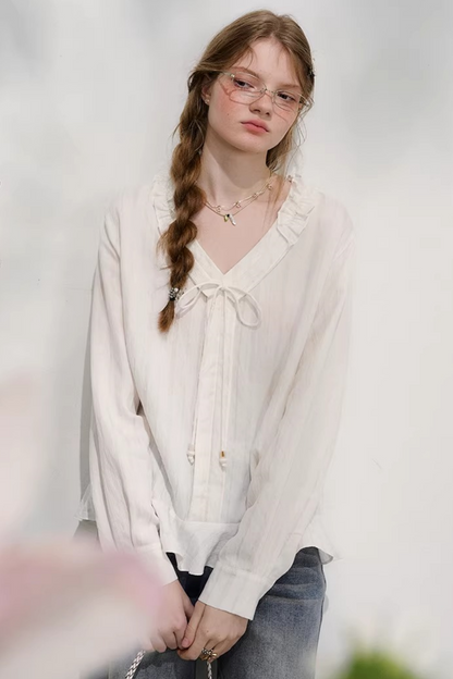 Striped Lace Sleeve Blouse