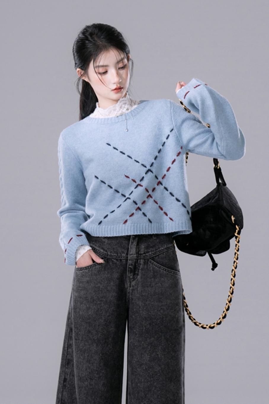 Sky Blue Contrasting Hand-Stitched Jumper