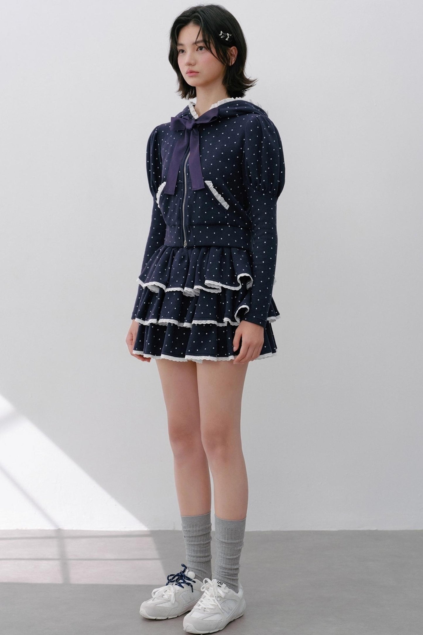 Hooded Polka Dot Tracksuit Skirt Set-Up