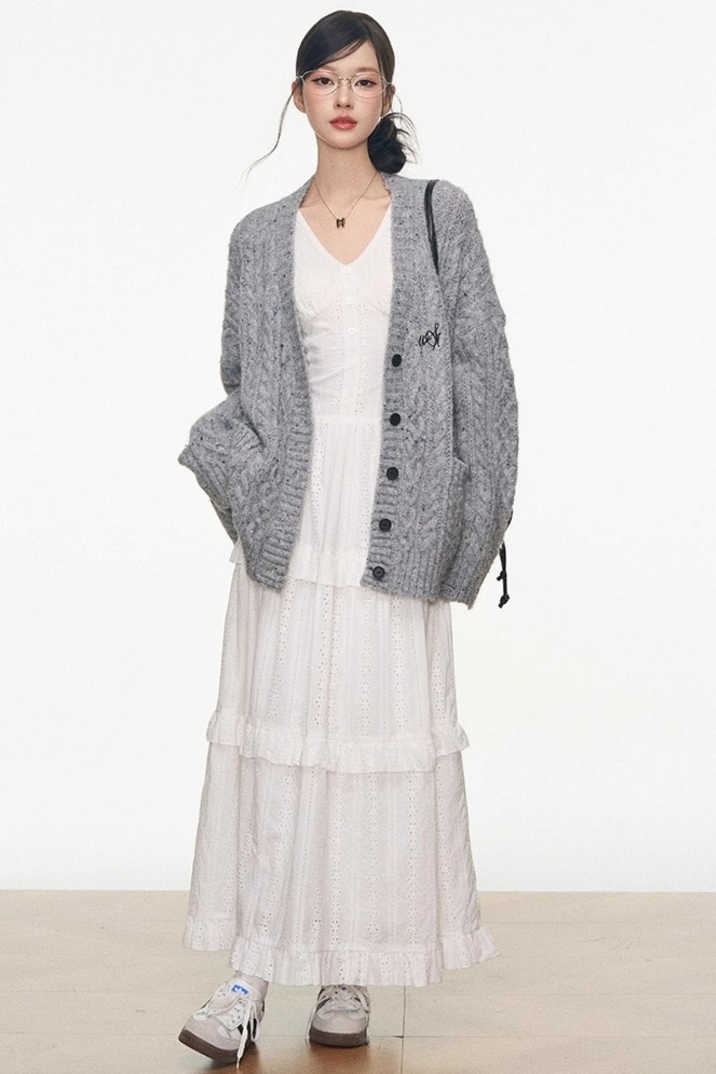 Gray Colored Sweater Cardigan Dress Set-Up