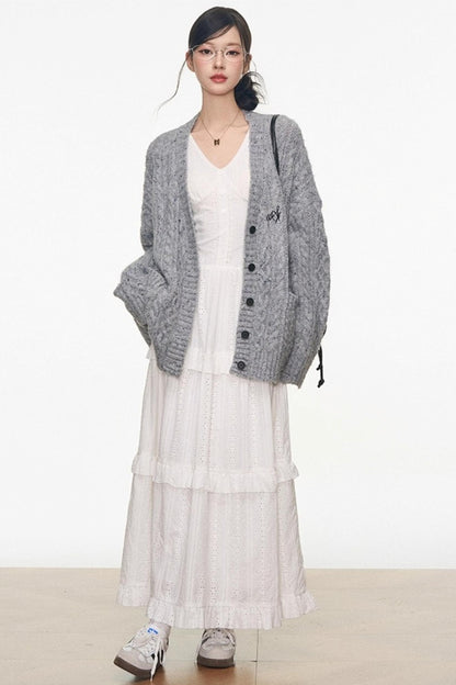 Gray Colored Sweater Cardigan Dress Set-Up