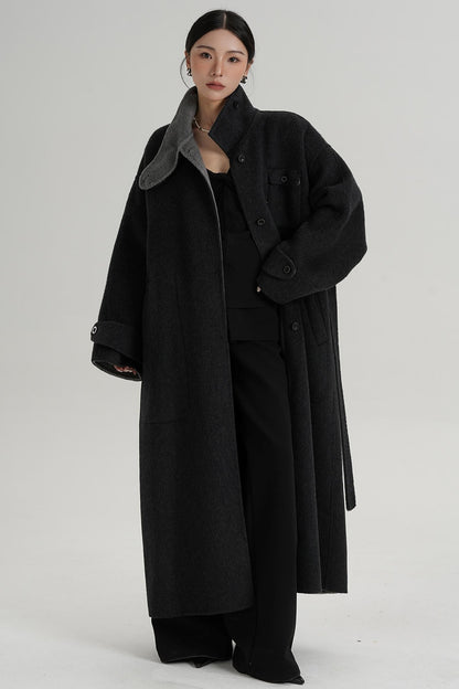 Temperament Design Color-Blocking Woolen Coat