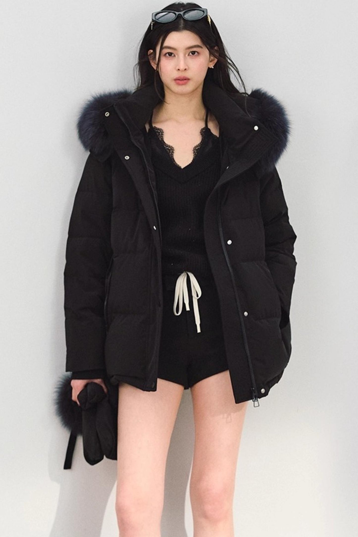 Off-Shoulder Black V-Neck Knit Sweater