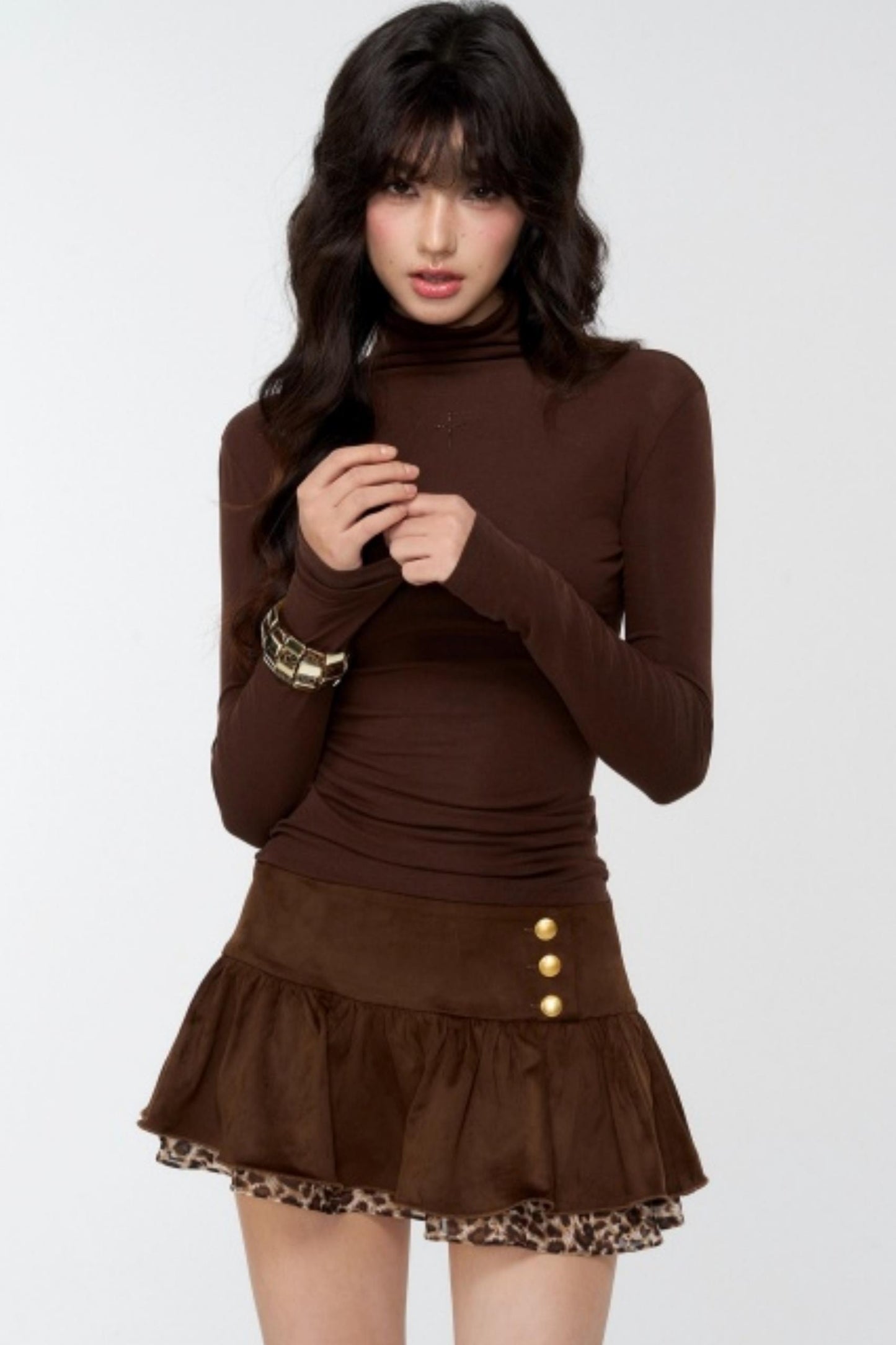 Suede Leopard Pleated Skirt