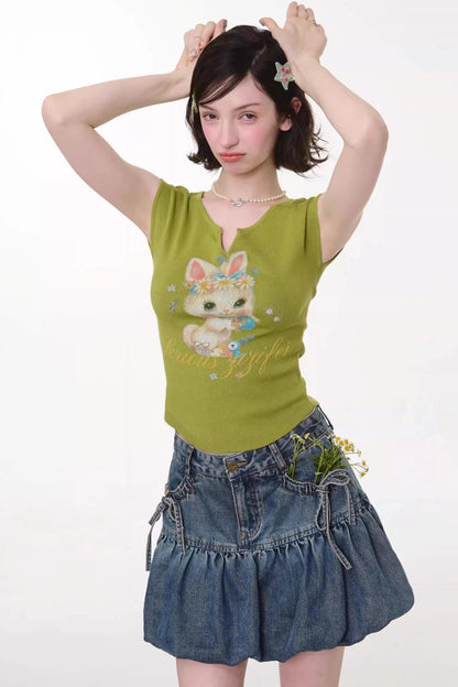 Green Rabbit Print Top