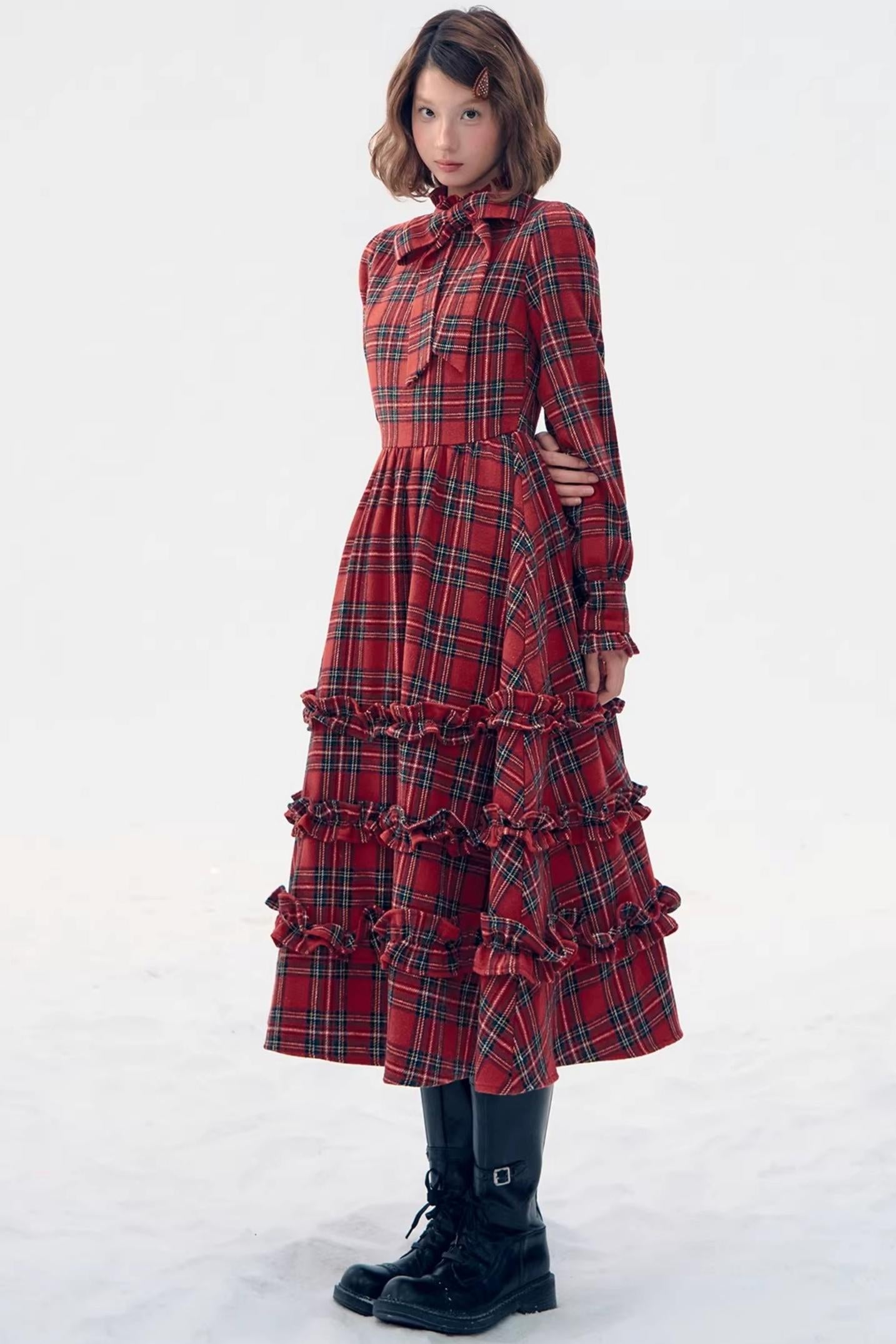 Retro Red Plaid Ruffle Dress