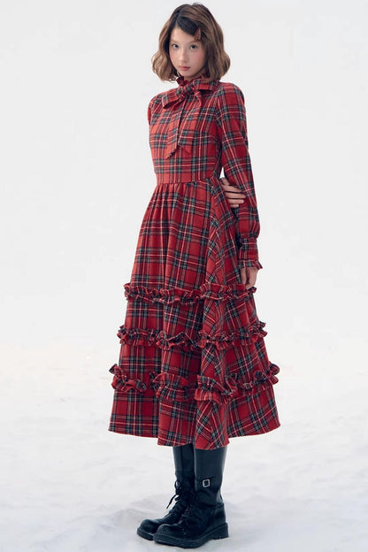 Retro Red Plaid Ruffle Dress