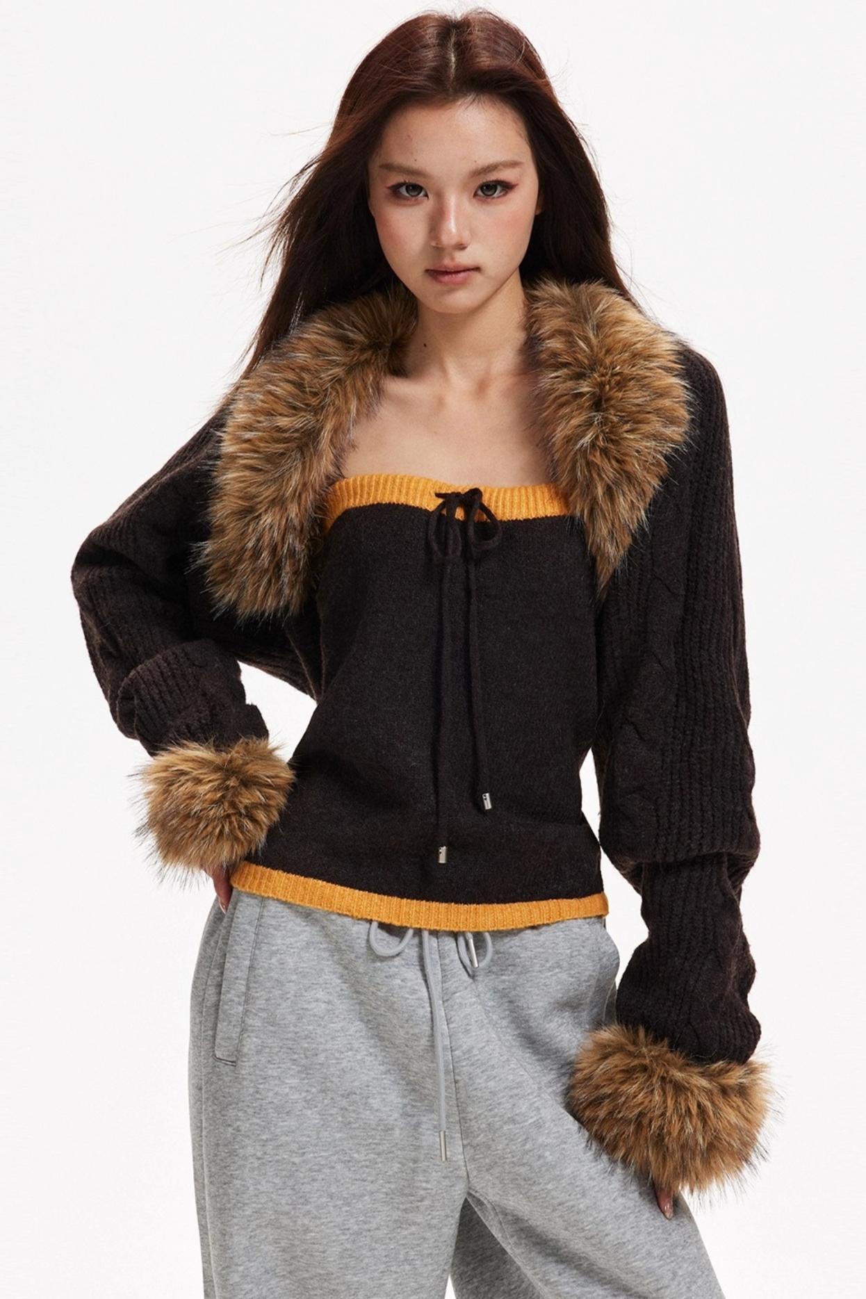 Contrasting Knit Cardigan Set