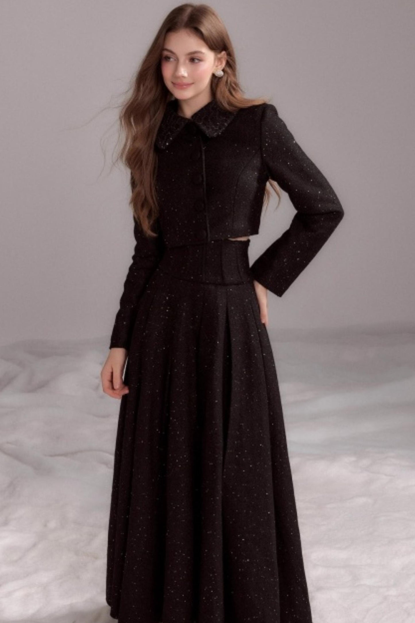 Thin Glitter Lapel Top & Pleated Skirt Set-Up