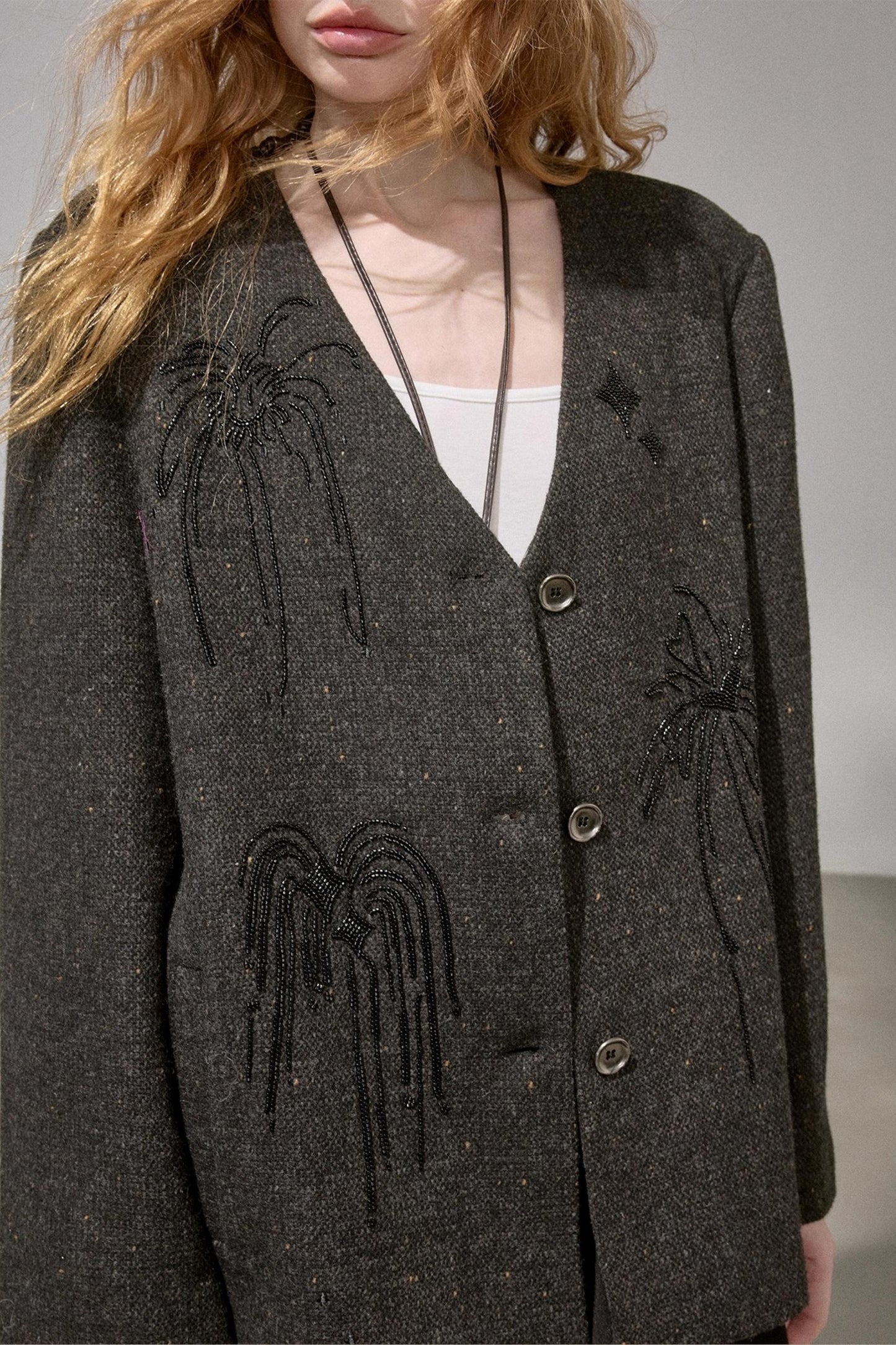 High-Density Beaded V-Neck Jacket