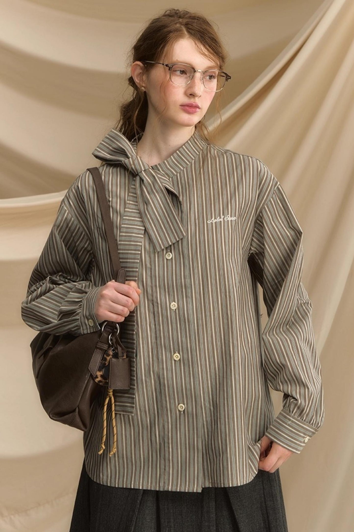 Vintage Bow Strap Striped Shirt