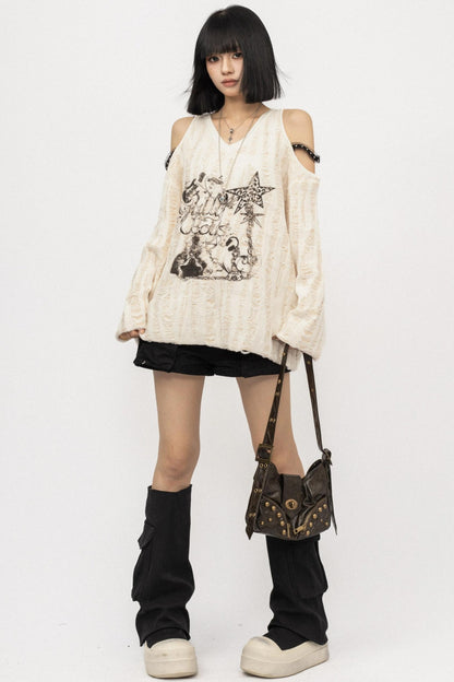 Hole Design Slope Shoulder T-Shirt