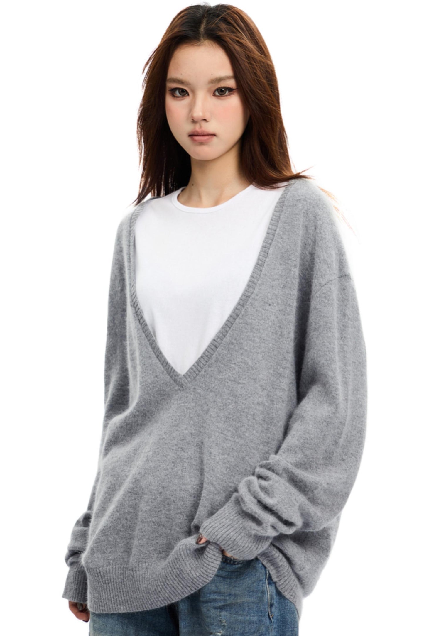 Grey V-Neck Retro Sweater