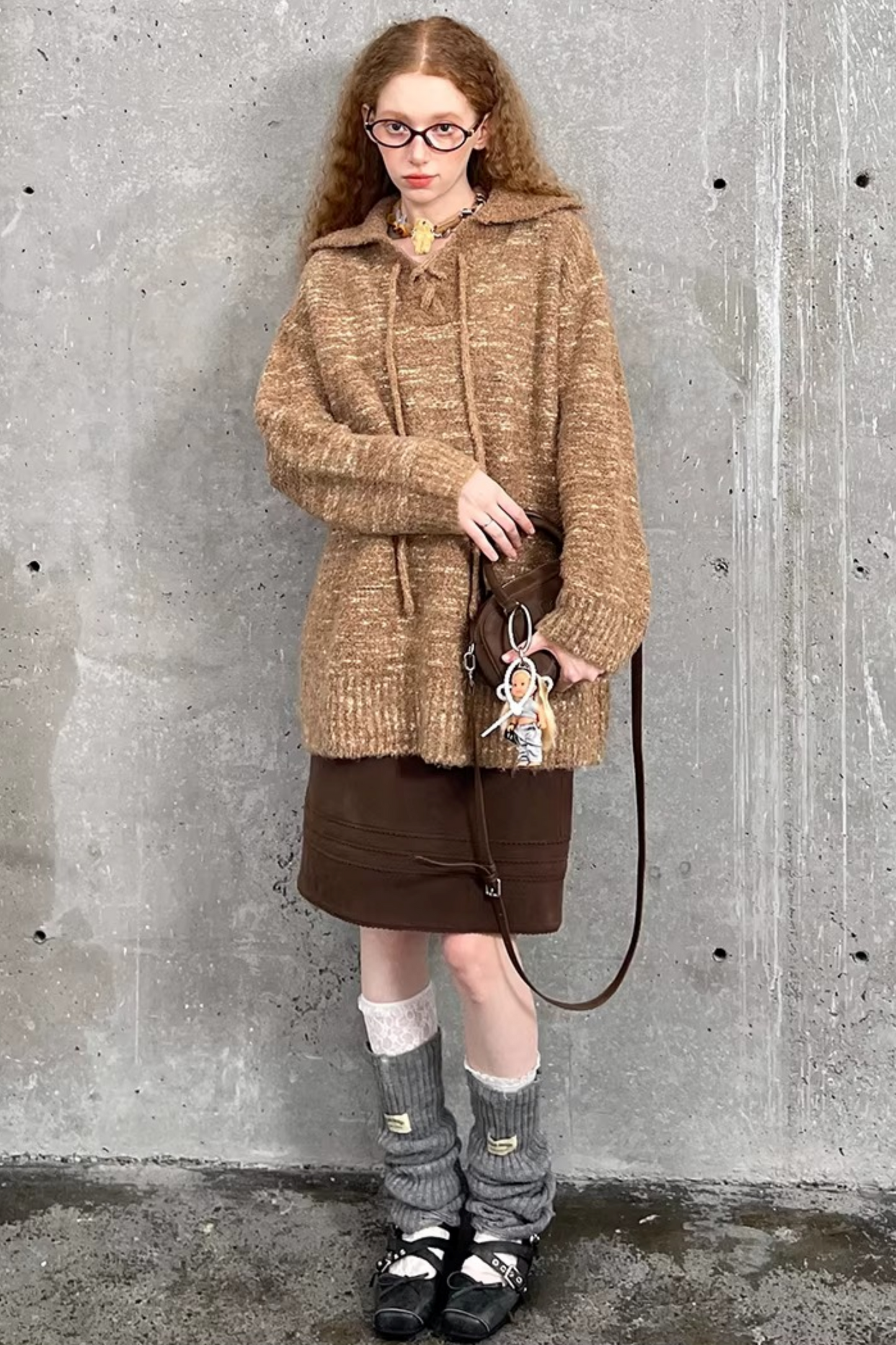 Lace-Up Turn-Down Collar Sweater Matching Set