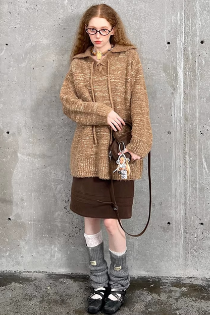 Lace-Up Turn-Down Collar Sweater Matching Set