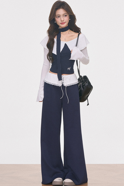 화이트 니트 원숄더 탑 셋업