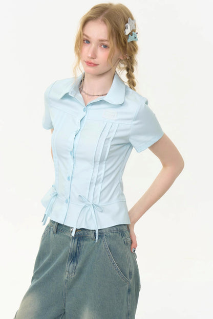 Retro Blue Bow Blouse