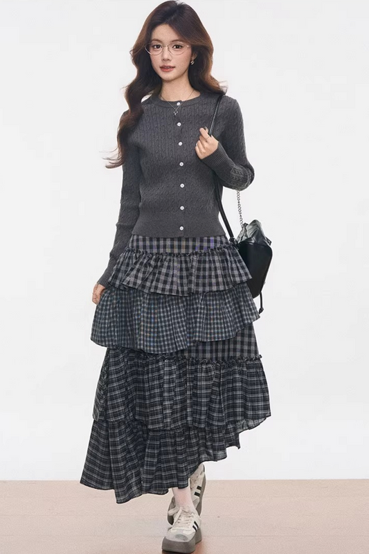 Knitted Plaid Cardigan Set-Up