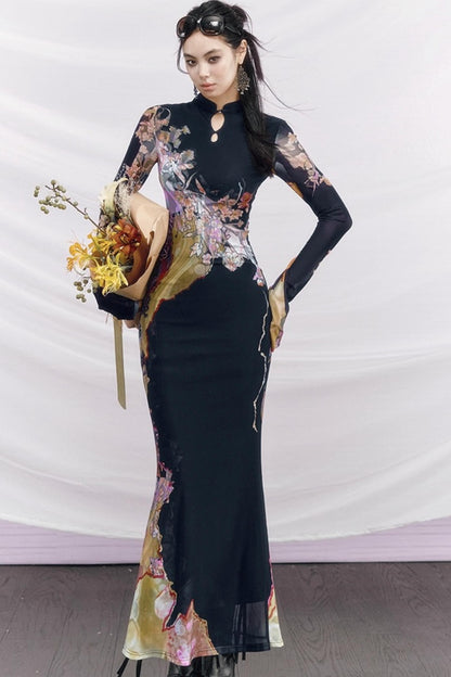 Contrast Color Cheongsam Dress