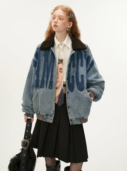 Vintage Washed Fur Collar Denim Jacket