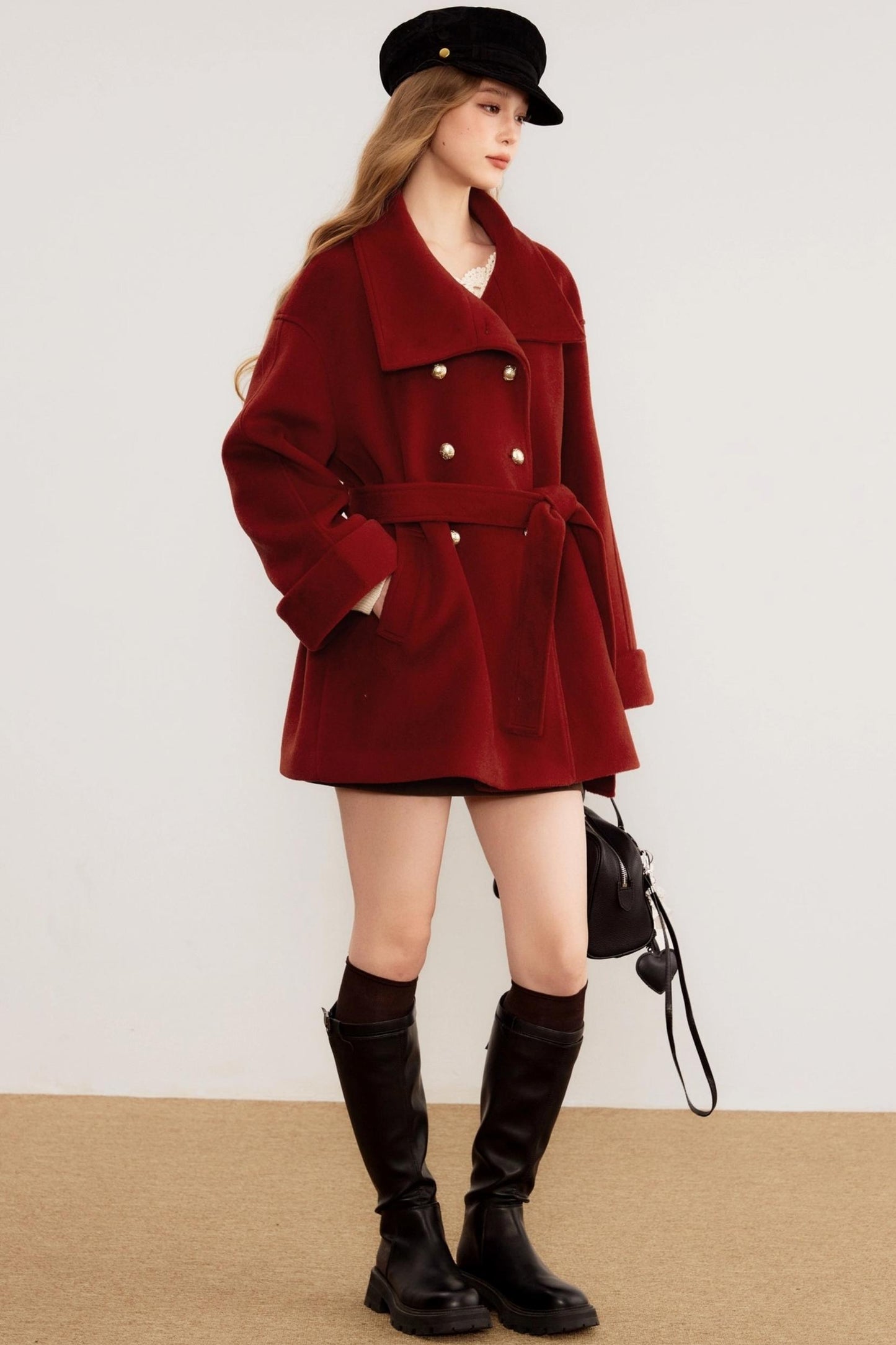 Red Woolen Waist-Cinching Coat