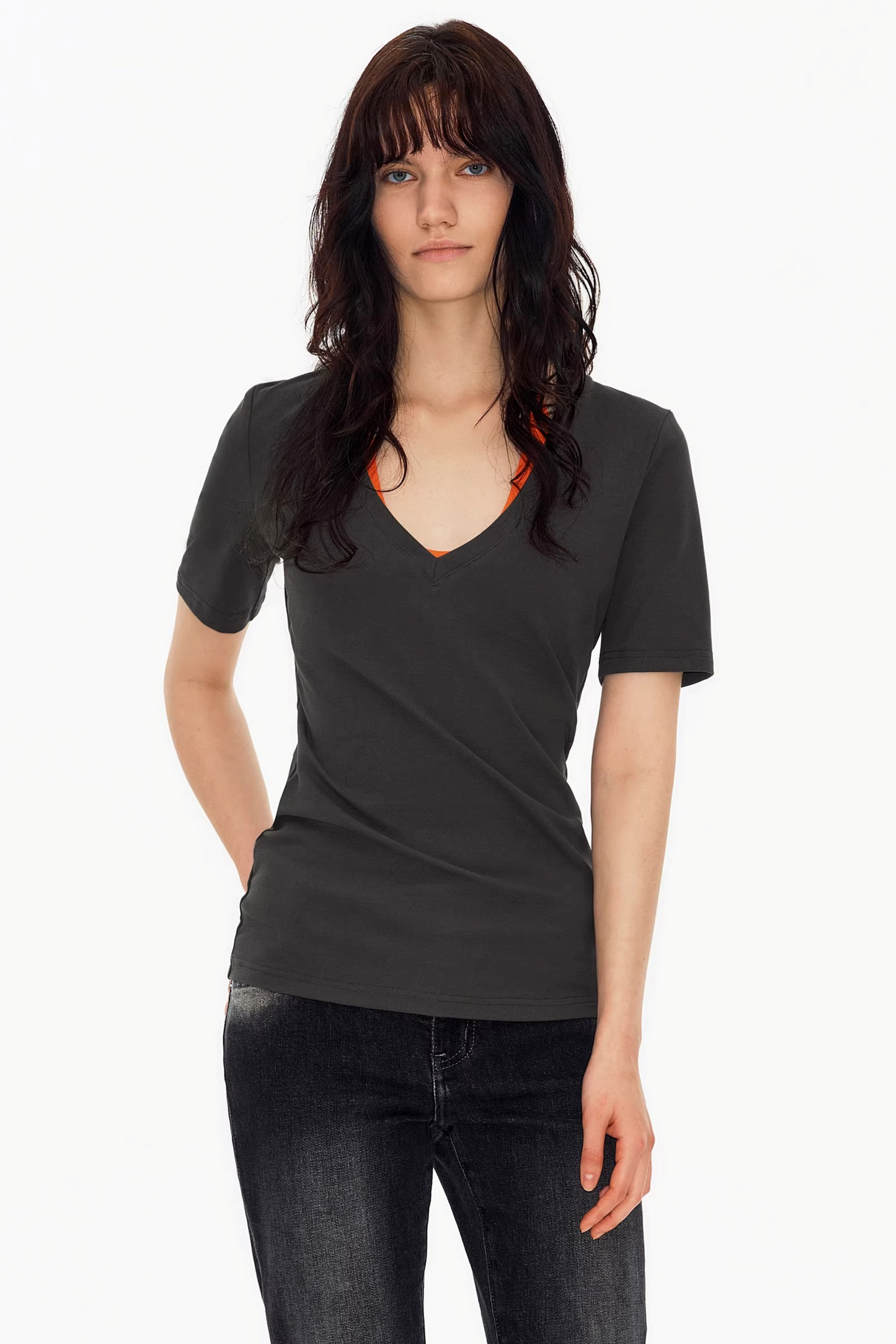 깊은 V넥 슬림 탑