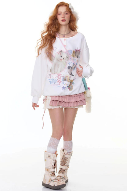 Cat Print Round Neck Sweatshirt