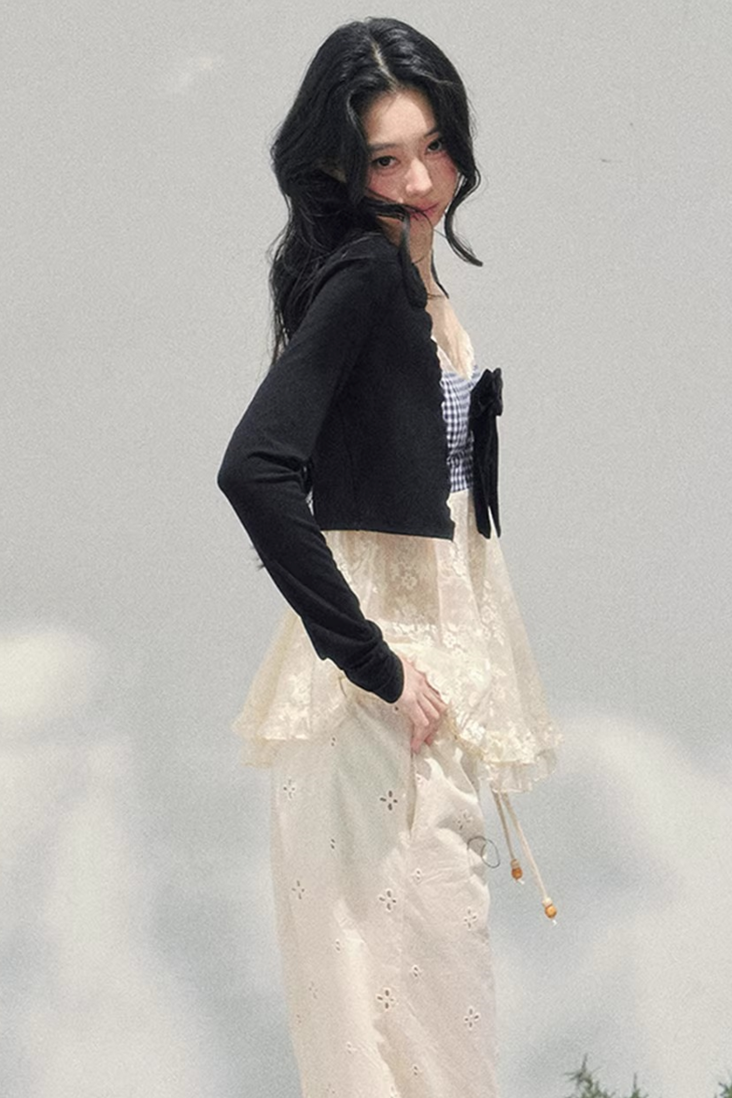 Bow Lace Plaid Top Set-Up