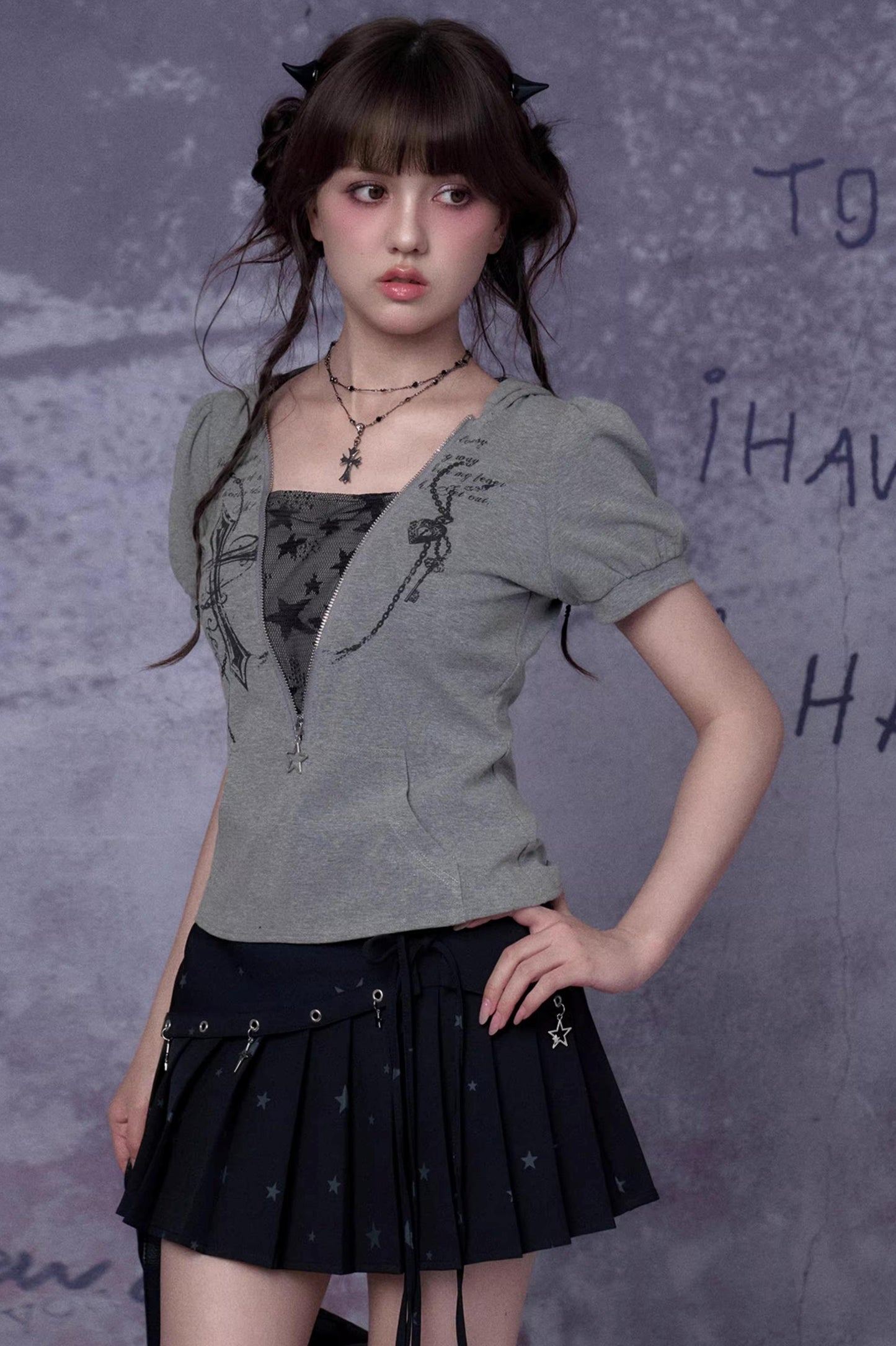 Gray Cross Hooded Top