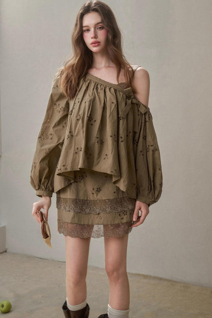 Embroidery Elegant Slanted Shoulder Skirt Set-Up
