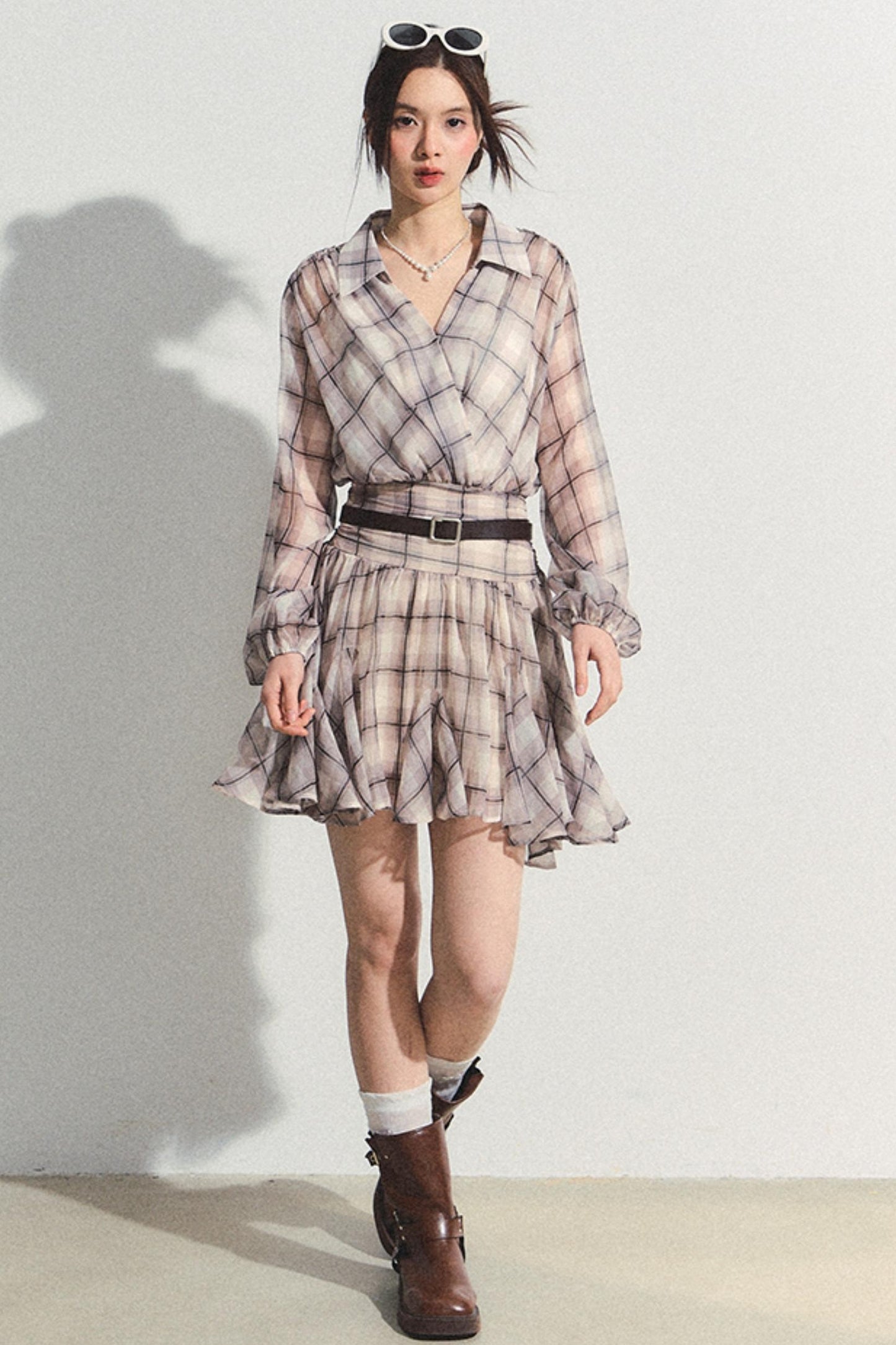 Recoin Sheer Plaid Ruffle A-Line Dress