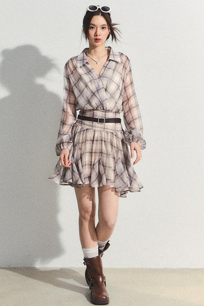 Recoin Sheer Plaid Ruffle A-Line Dress
