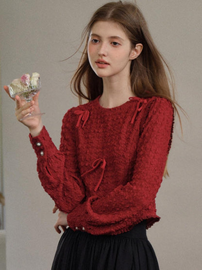 [8.7 20 Uhr neu] French Design Sense Langarm Schleife Rot Pendler Crew Neck Pullover stricken