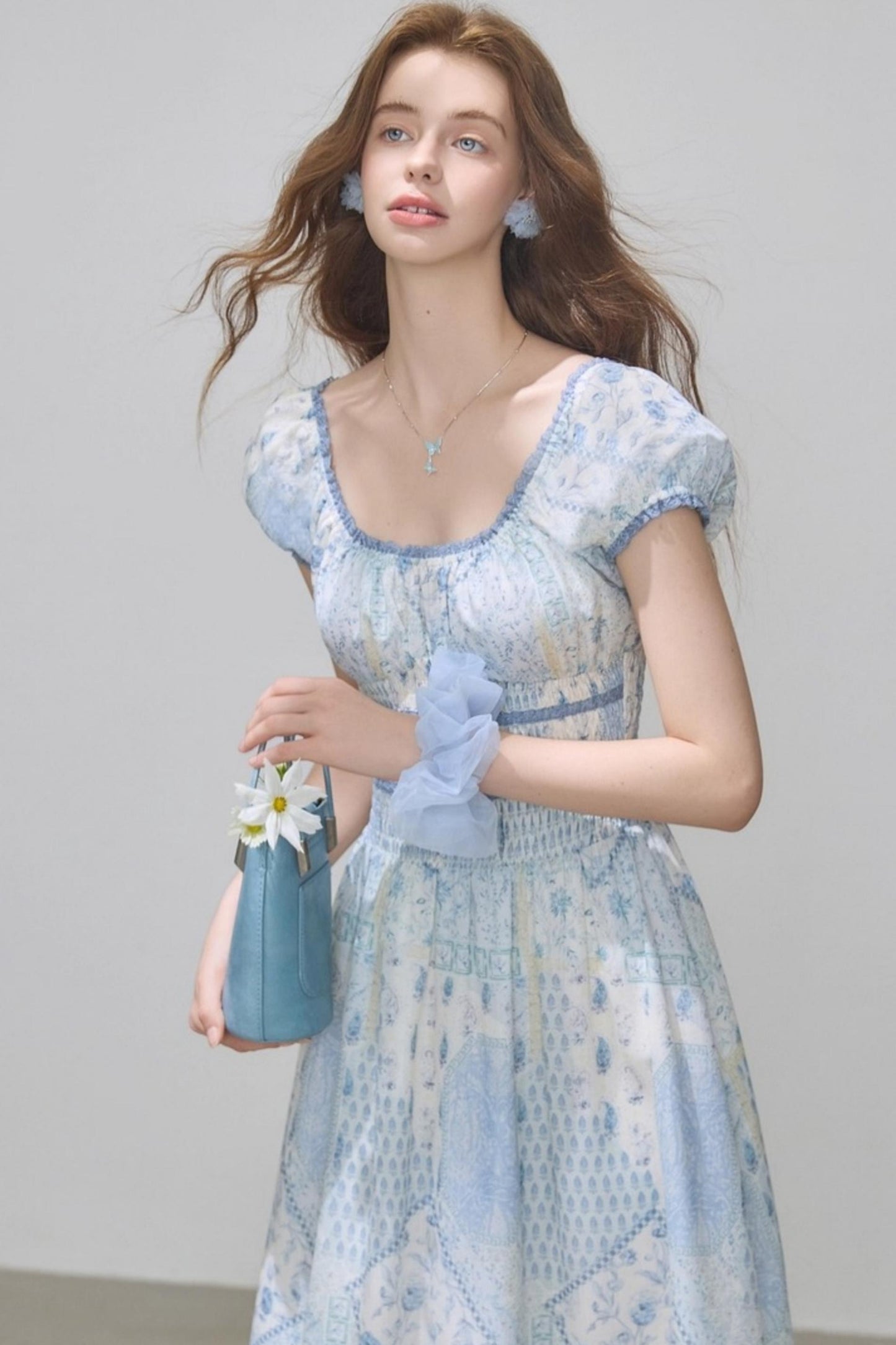 Puff Sleeves Waist Slim Long Dress