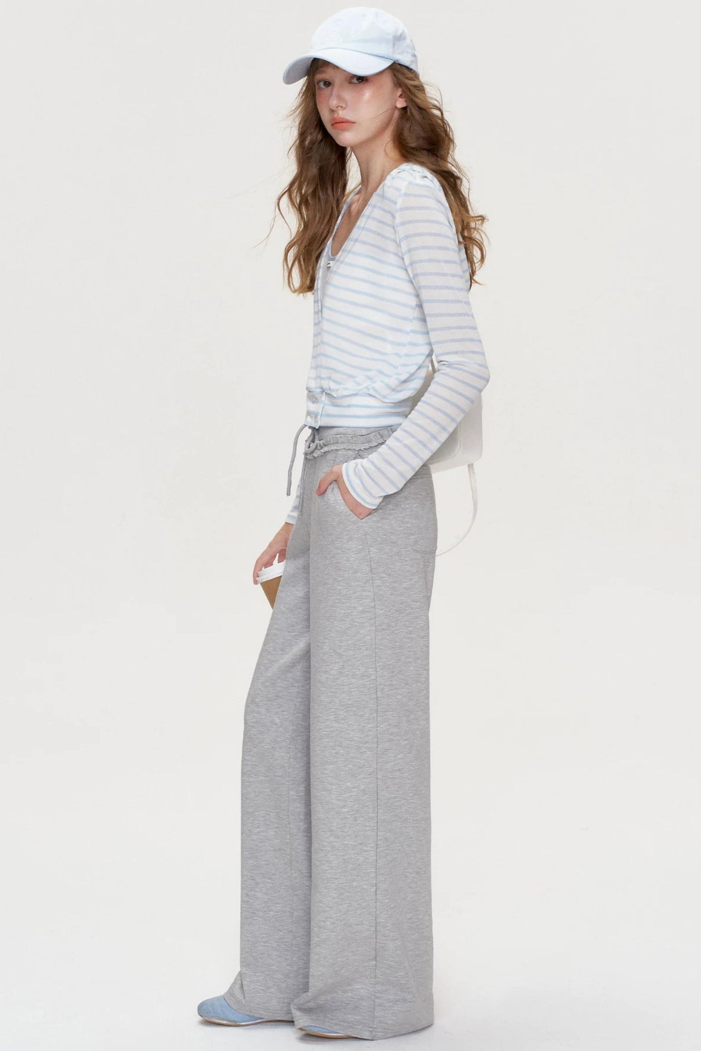 Ruffle Elastic Waist Drawstring Straight Pants