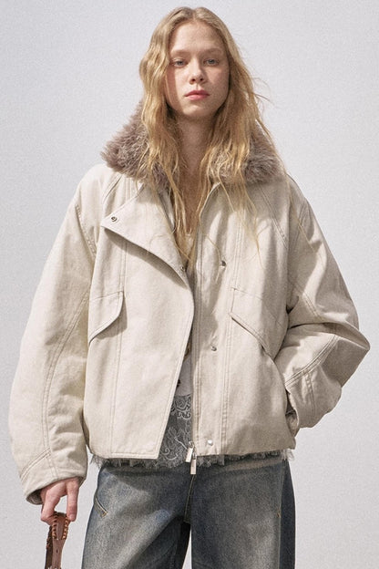 Curved Sleeve Fur Collar Jacket