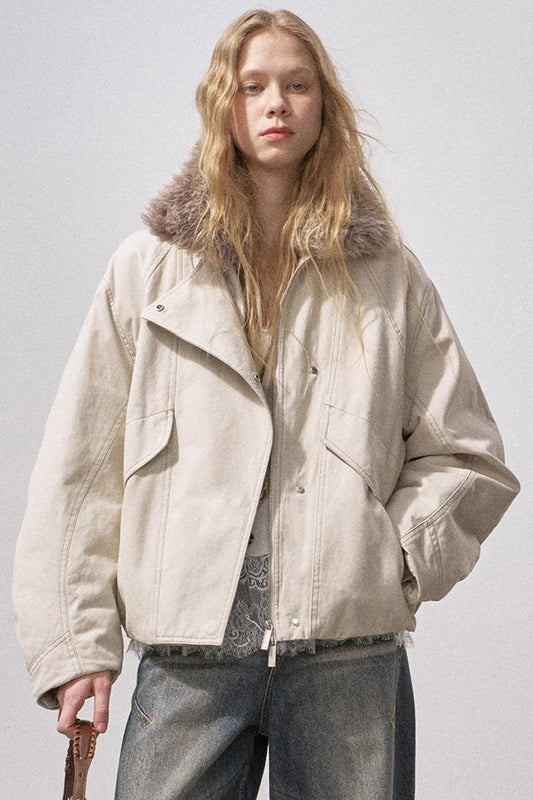 Curved Sleeve Fur Collar Jacket