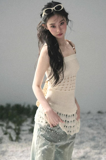 Französisches Strick-Hollow-Out-Unterhemd