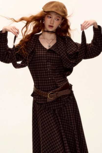 Retro Beaded Plaid Shirt Set-Up