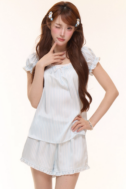 Satin Striped Puff Sleeve Top