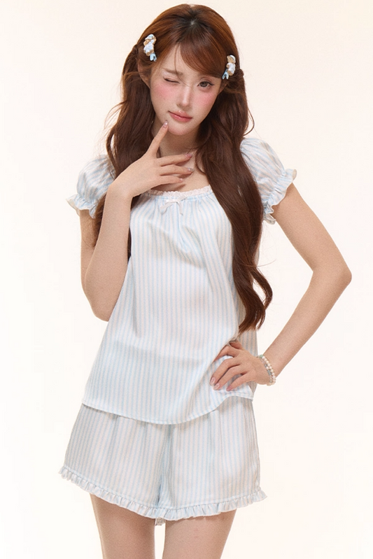 Satin Striped Puff Sleeve Top
