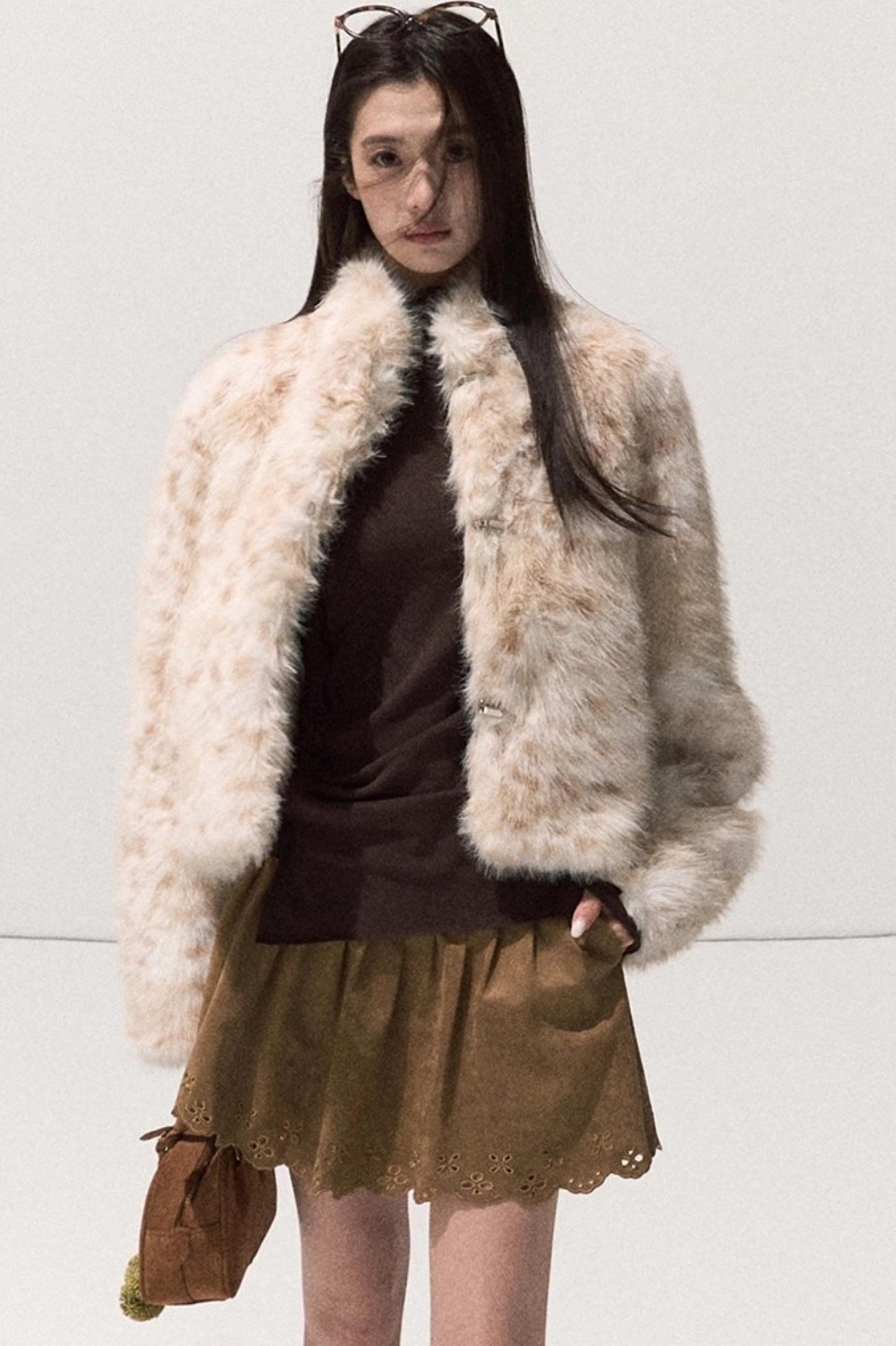 Girlish Leopard Print Fur Coat Set-Up