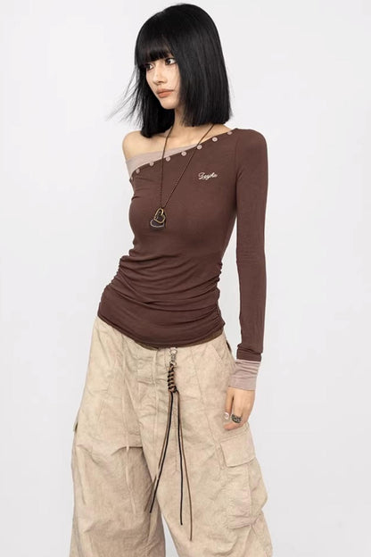 Slanted Shoulder Long Sleeve Slim Top