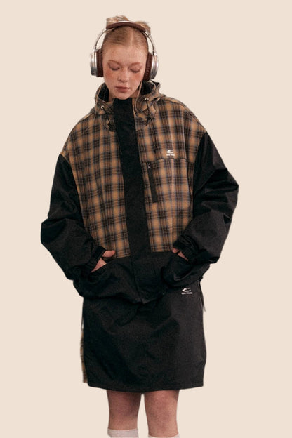 Retro Plaid Stitching Hooded Jacket Set-UP