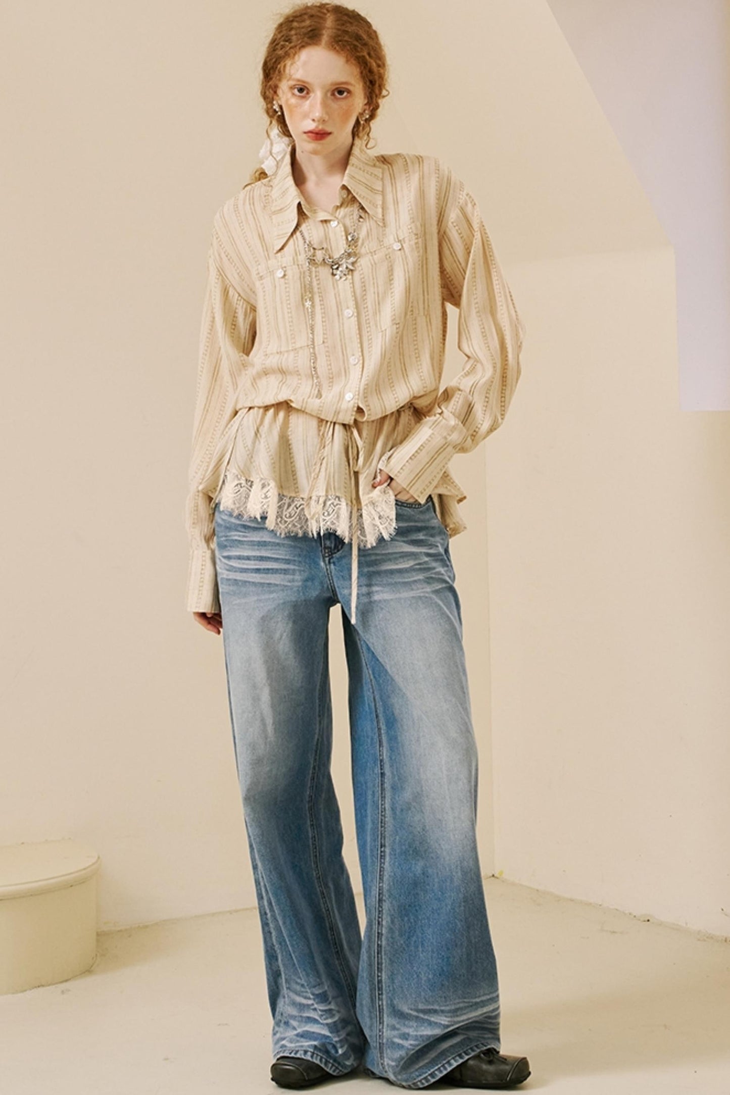 Vintage Lace-Trimmed Drawstring Shirt